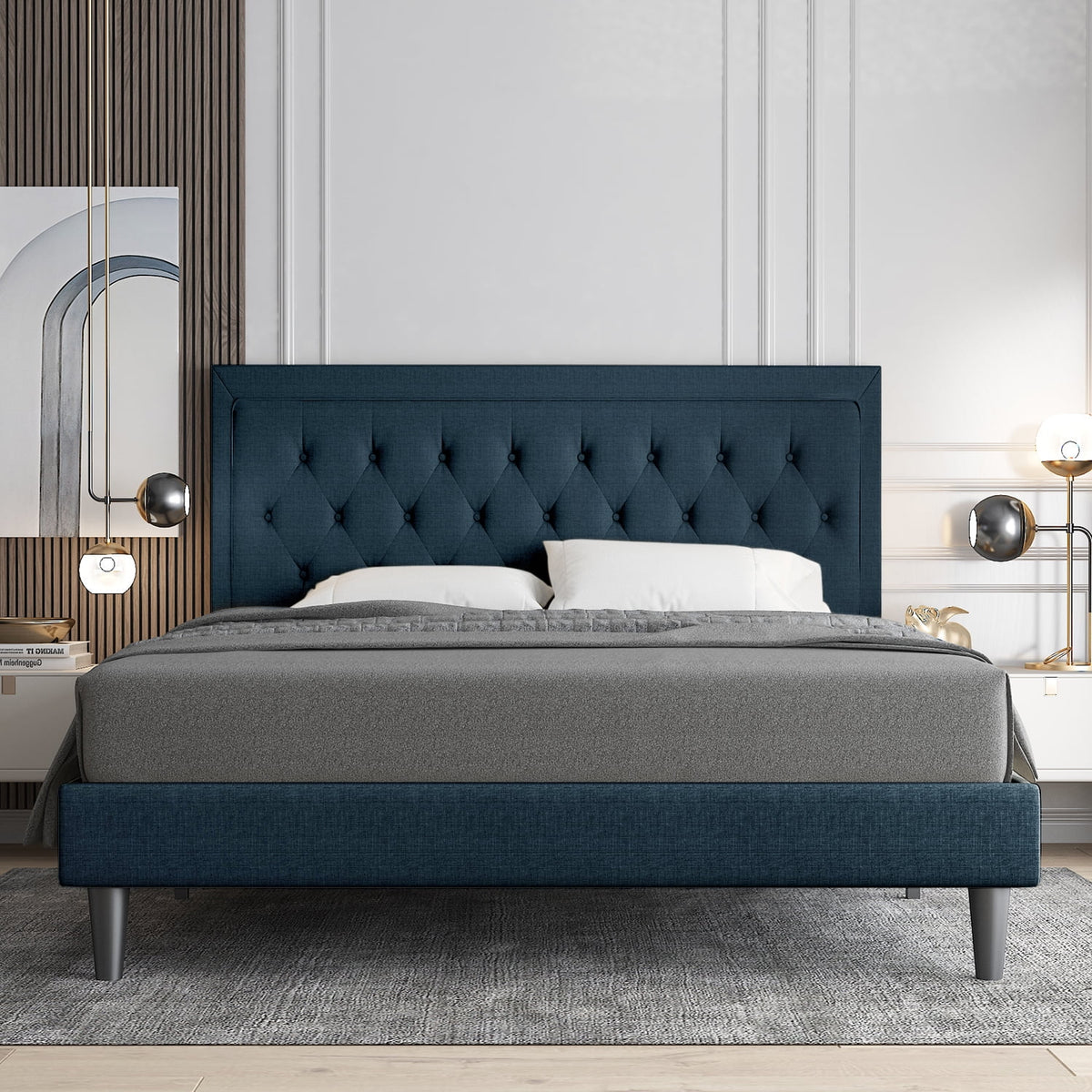 Queen Size Upholstered Platform Bed with Adjustable Headboard O693838