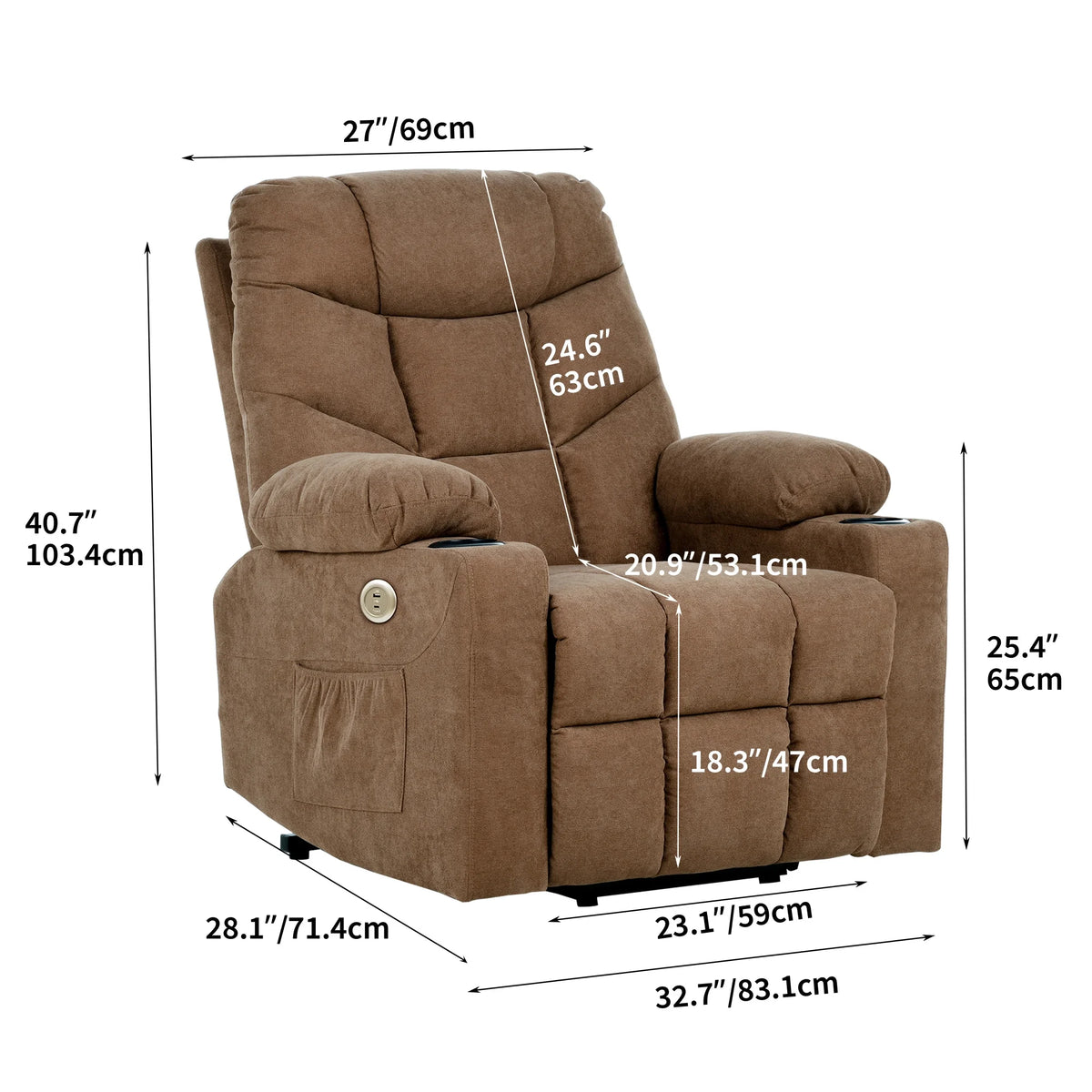 Brown Fabric Power Lift Recliner Chair with Massage and Heat M78488