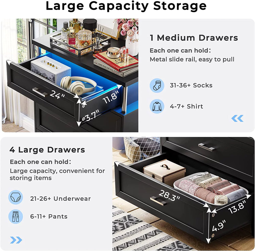 Black 5 Drawers Wood Dresser with LED Light X8411