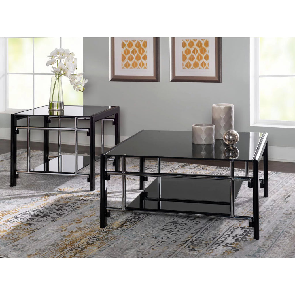 Black Glass and Metal End Table Set, 2 Pieces J404
