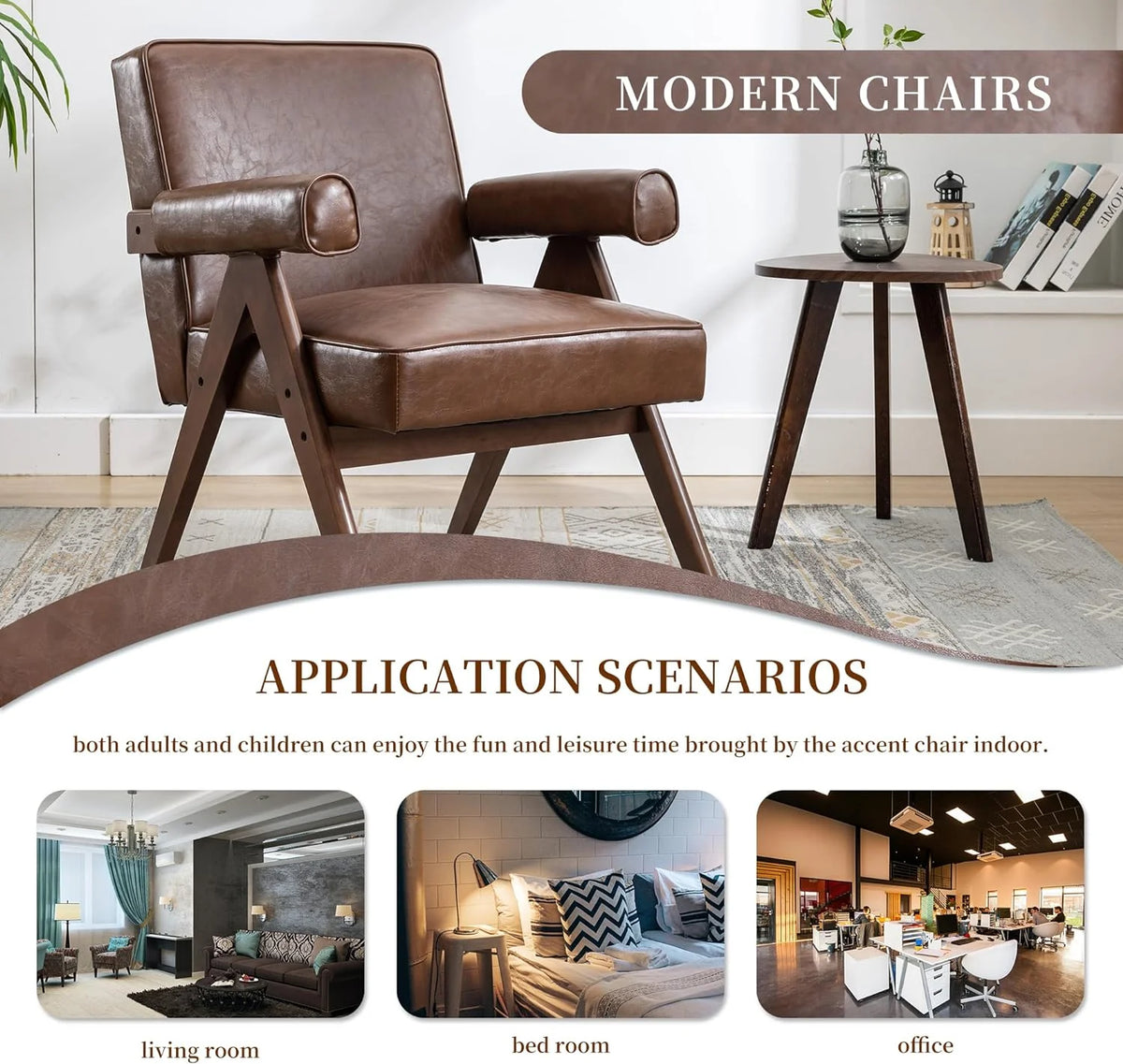 Brown PU Leather Accent Chair with Wood Armrest G1599
