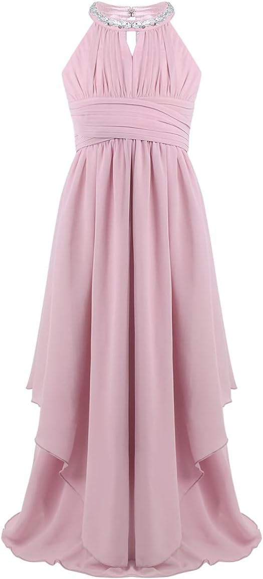 Big Girls Halter-Neck Floral Lace Romper Dress Long Gowns Light Pink G652193