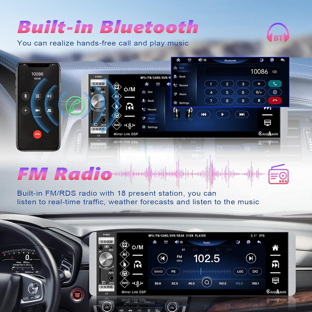 Single Din 5.1 Inch Touchscreen Car Stereo with Carplay Android Auto Bluetooth DVR FM RDS AM Tuner USB SD Aux SWC Microphone Backup Camera U107