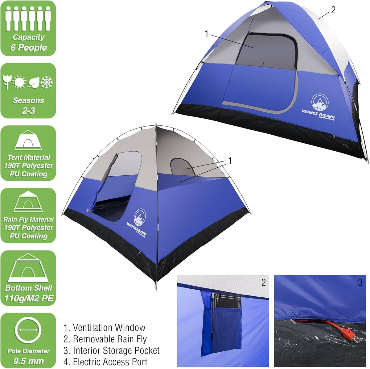 6 Person Water-Resistant Family Tent with Removable Rain Fly and Carrying Bag R1150