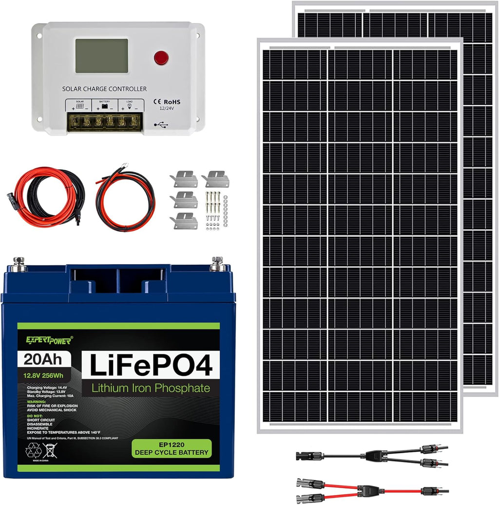 200W 12V Solar Power Kit with 200W Mono Rigid Solar Panels and 20A MPPT Solar Charge Controller W8376