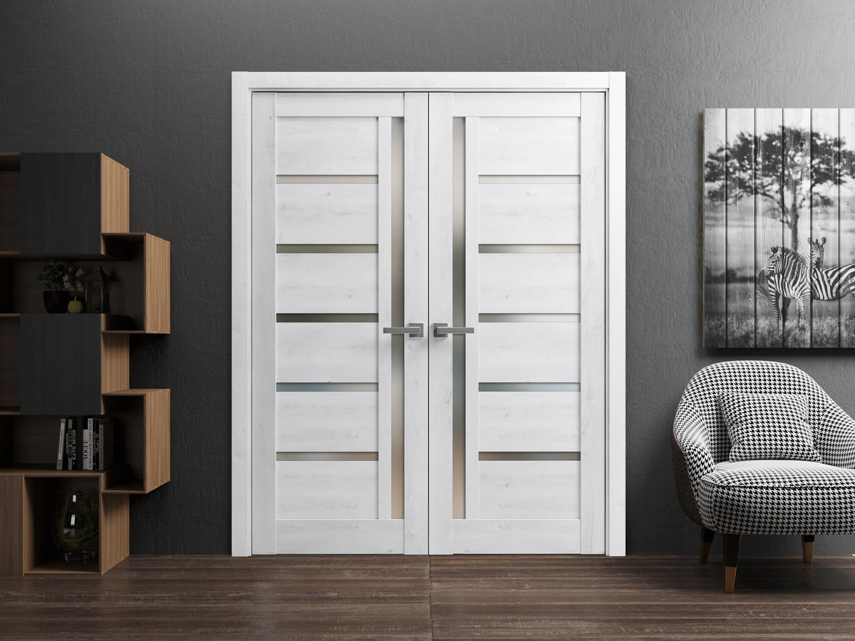 Solid French Double Doors 64 x 96 inches with Frosted Glass Wood Solid Panel Frame Trims Z50899