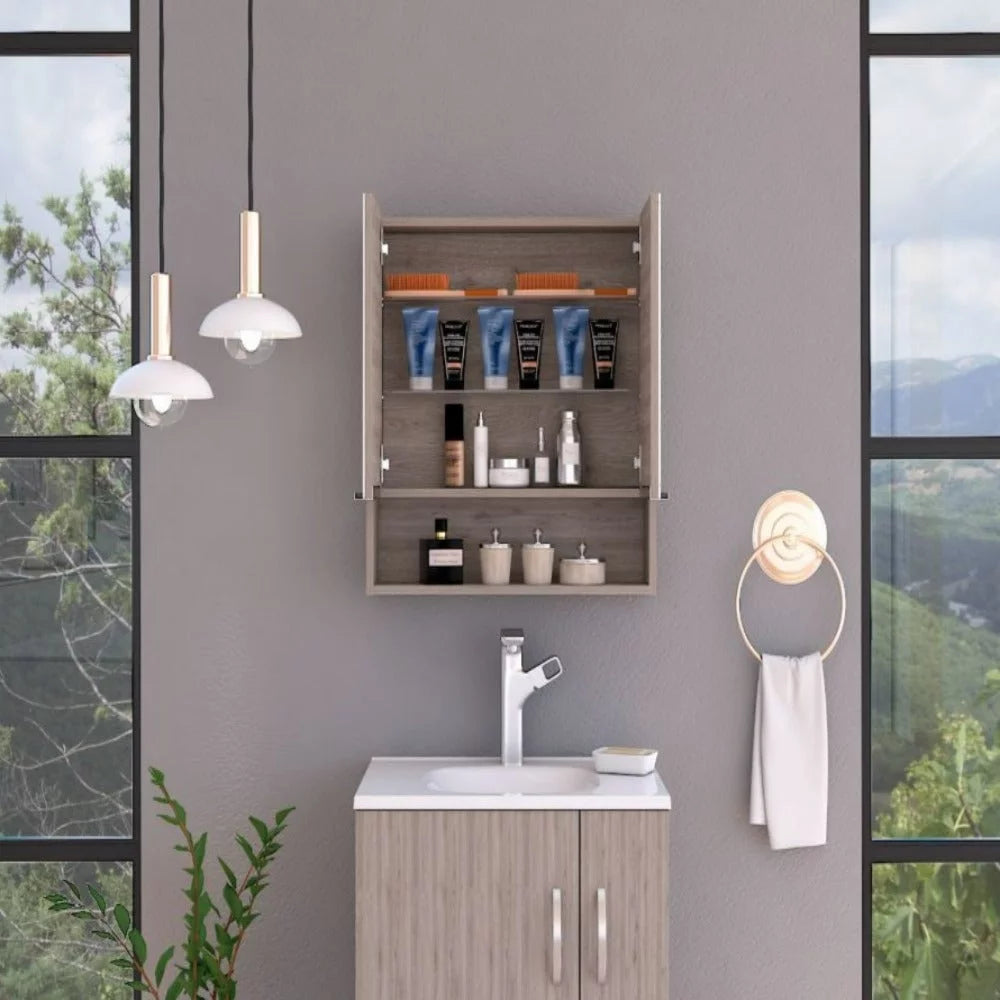 Medicine Cabinet with Mirror, Three Internal Shelves, Light Gray Finish O411