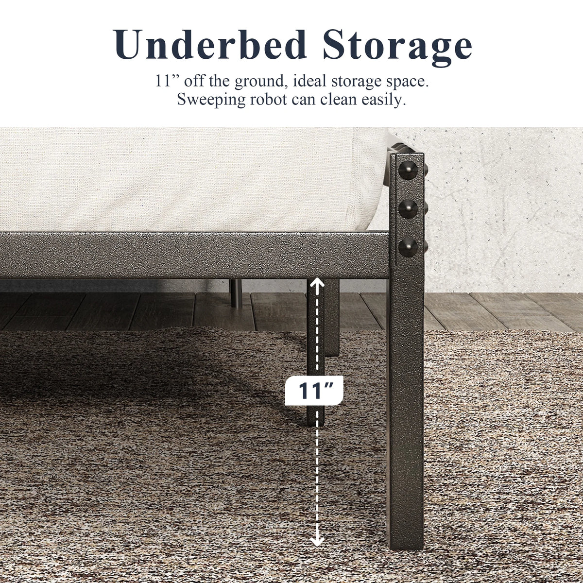 Queen Size Brown Metal Platform Bed Frame with Wooden Headboard M7191
