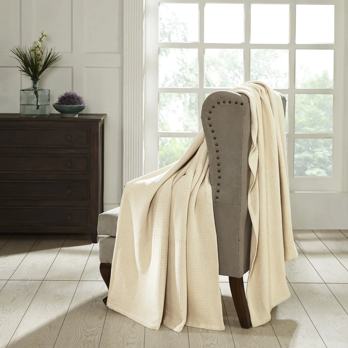 Ivory Waffle Weave Knit Cotton Blanket Twin Twin XL V206