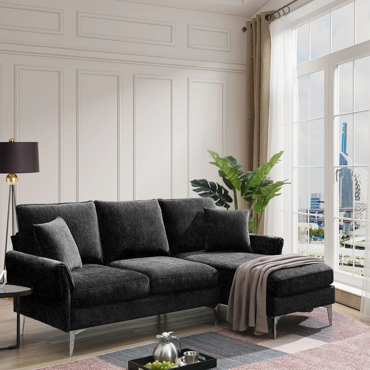 84" L-Shaped Black Sofa with Reversible Chaise K939