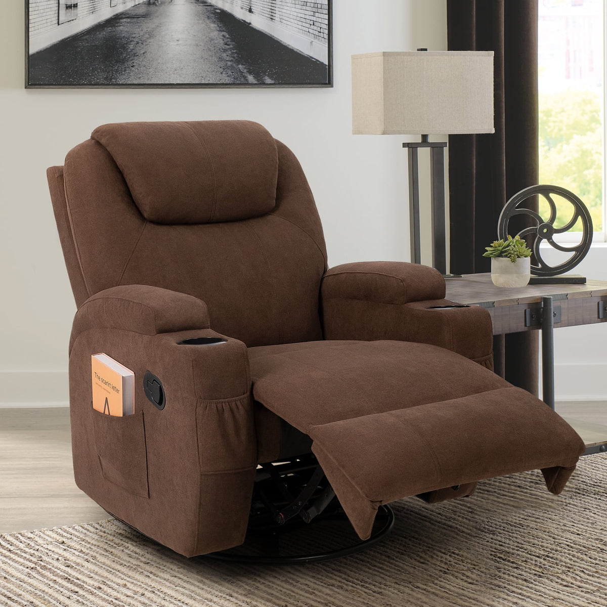 Brown Fabric Swivel Rocker Recliner with Massage and Heat X800