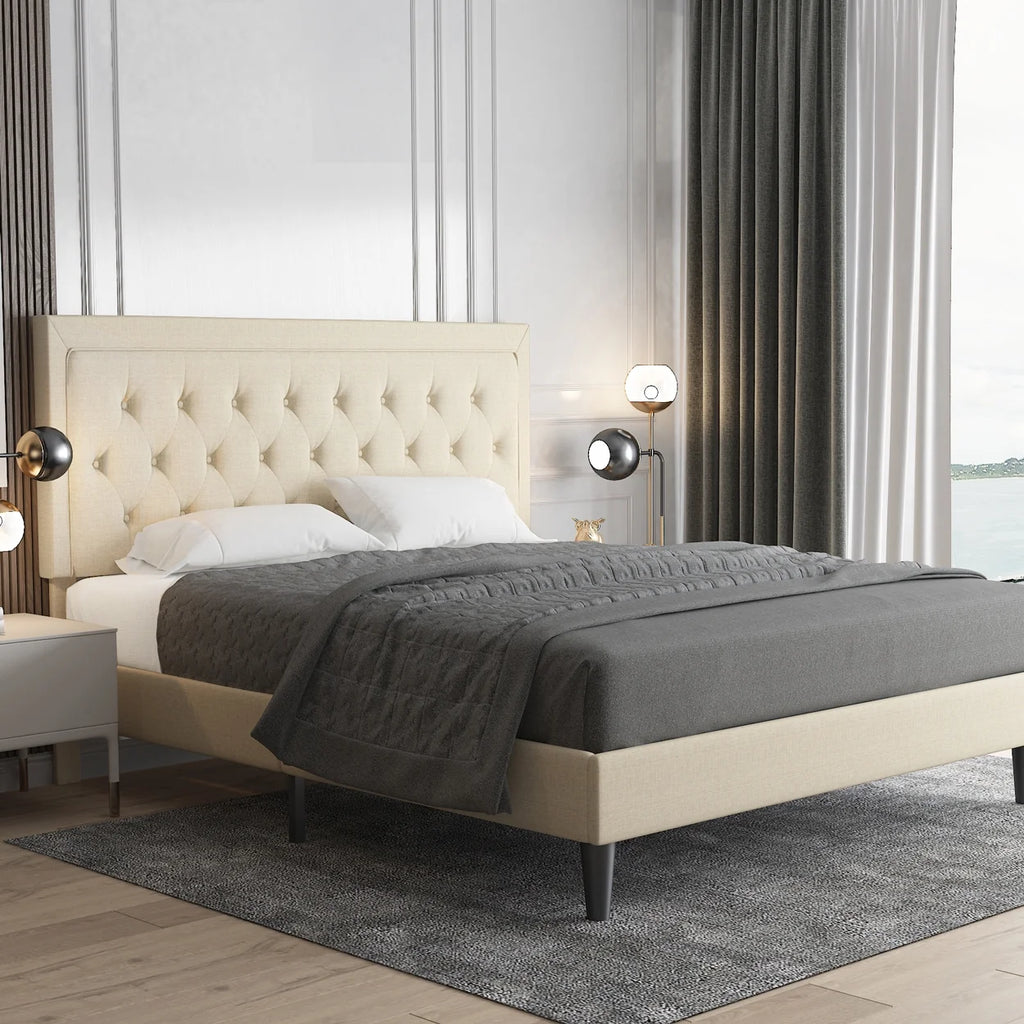 Queen Size Upholstered Platform Bed with Adjustable Headboard O693838