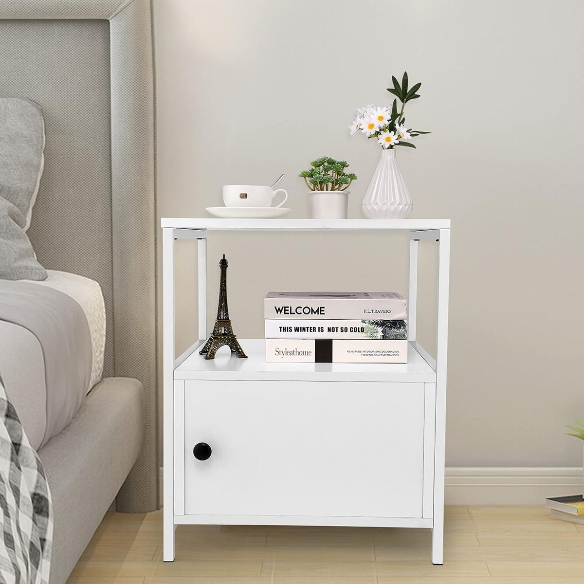 Industrial Bedside Table with Storage Cabinet and Open Shelves Y9632