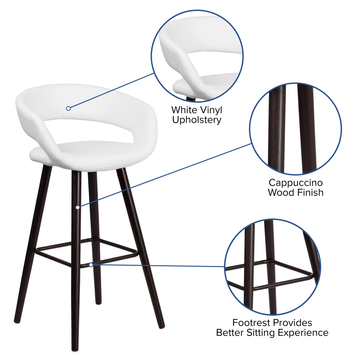 Cappuccino Wood Barstool with White Vinyl Q379