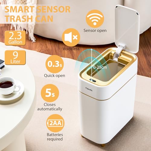 Automatic Small Sensor Trash Can with Touchless Lid, 2.3 Gallon White Gold Waste Bin J559