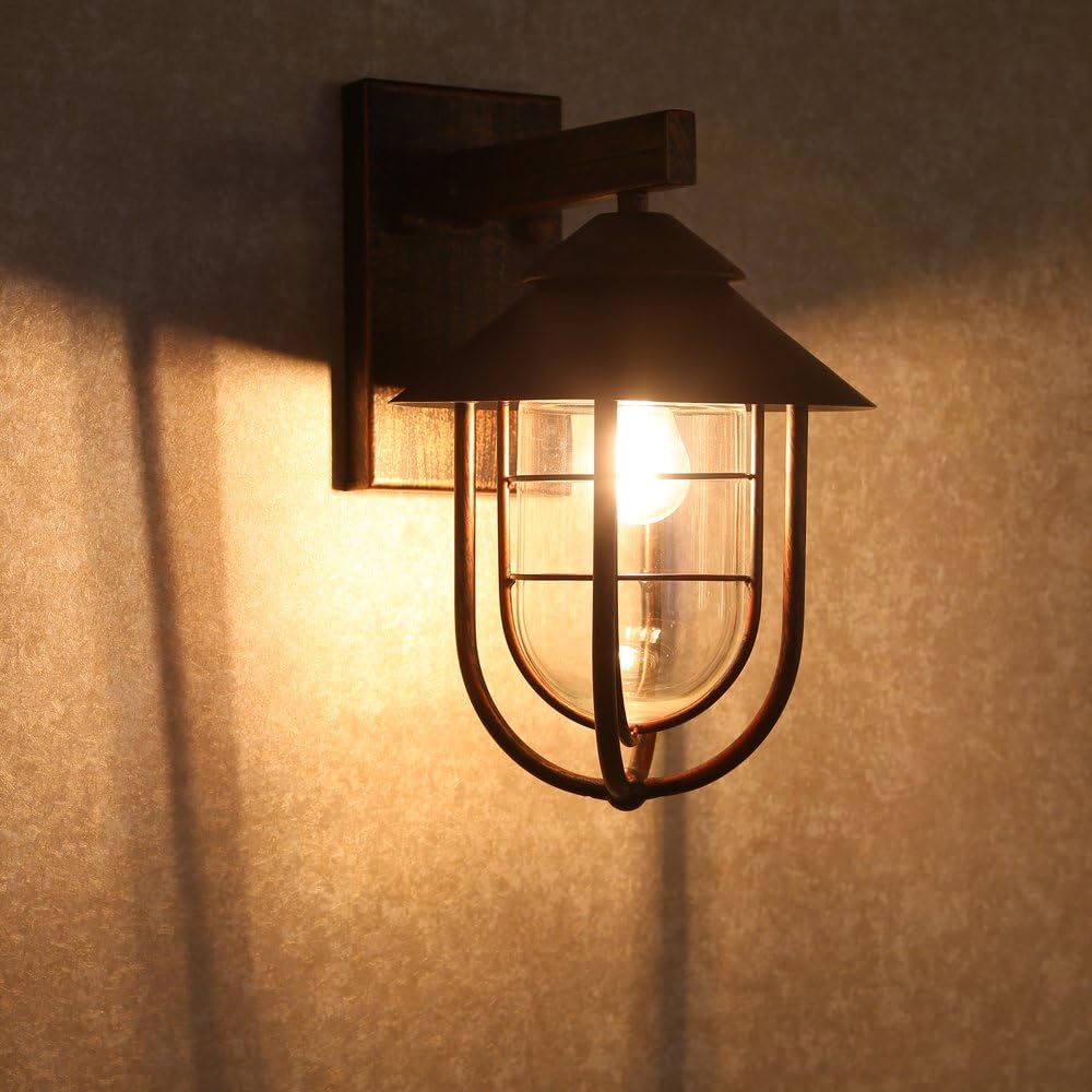 1-Light Metal Cage Clear Glass Wall Light in Antique Copper K42186