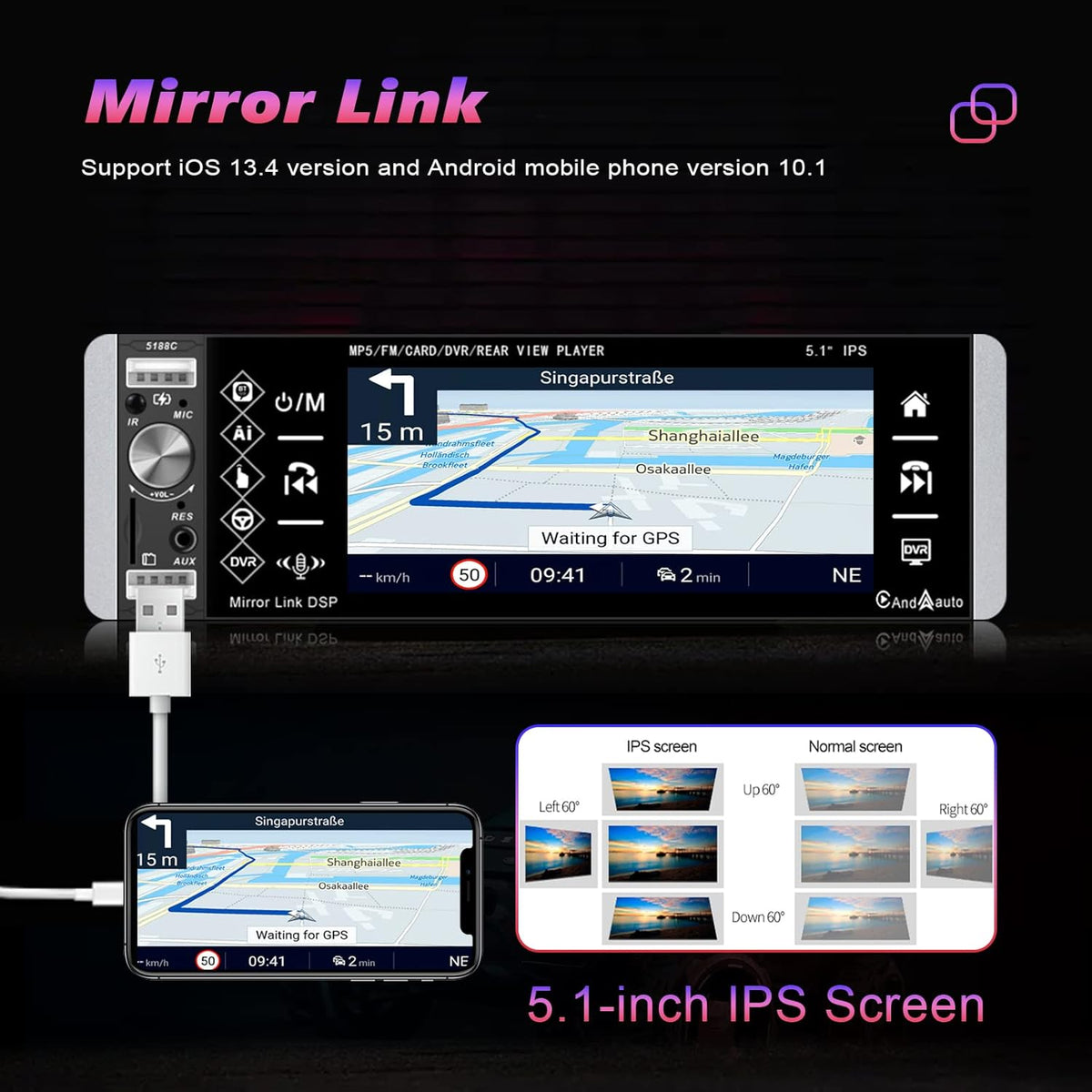 Single Din 5.1 Inch Touchscreen Car Stereo with Carplay Android Auto Bluetooth DVR FM RDS AM Tuner USB SD Aux SWC Microphone Backup Camera U107