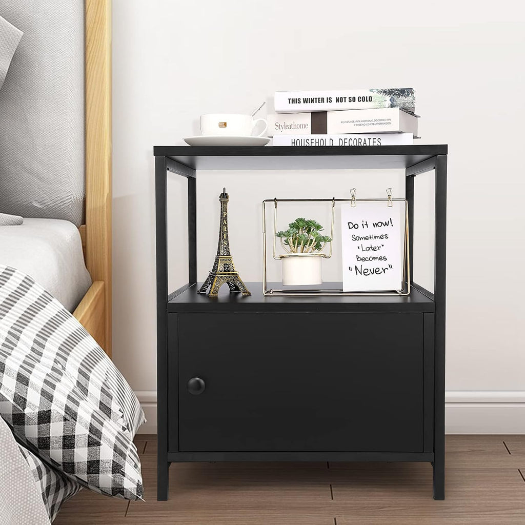 Industrial Bedside Table with Storage Cabinet and Open Shelves Y9632