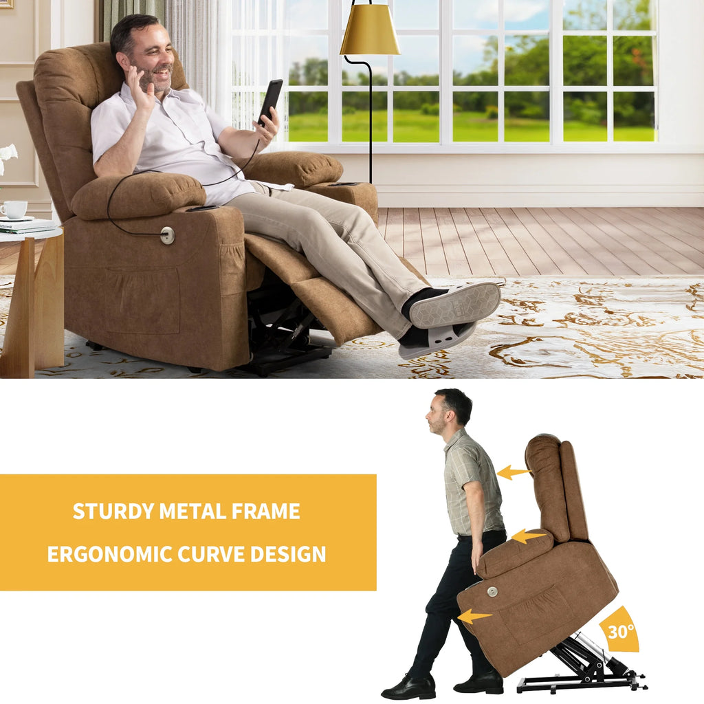 Brown Fabric Power Lift Recliner Chair with Massage and Heat M78488