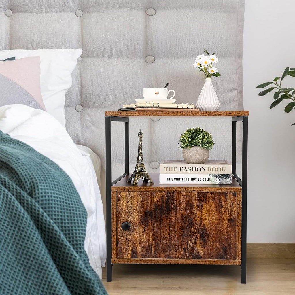 Industrial Bedside Table with Storage Cabinet and Open Shelves Y9632