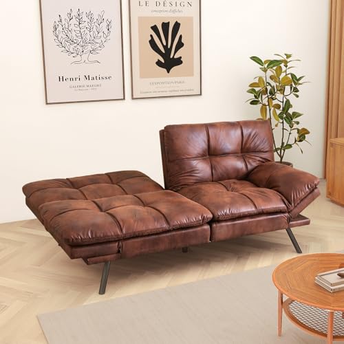 Brown Faux Leather Memory Foam Futon Sofa Bed O62782