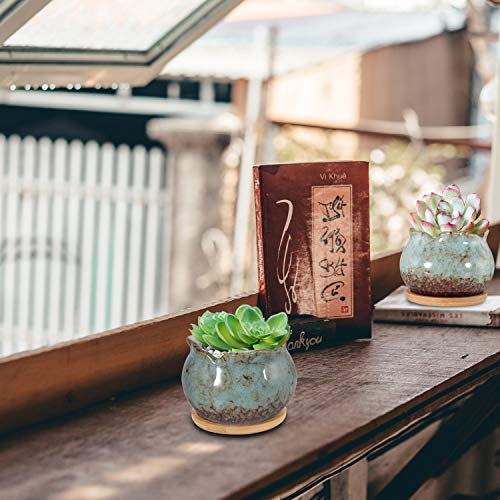 4 Inch Ceramic Plant Pots with Bamboo Tray, Pack of 6 Y972894