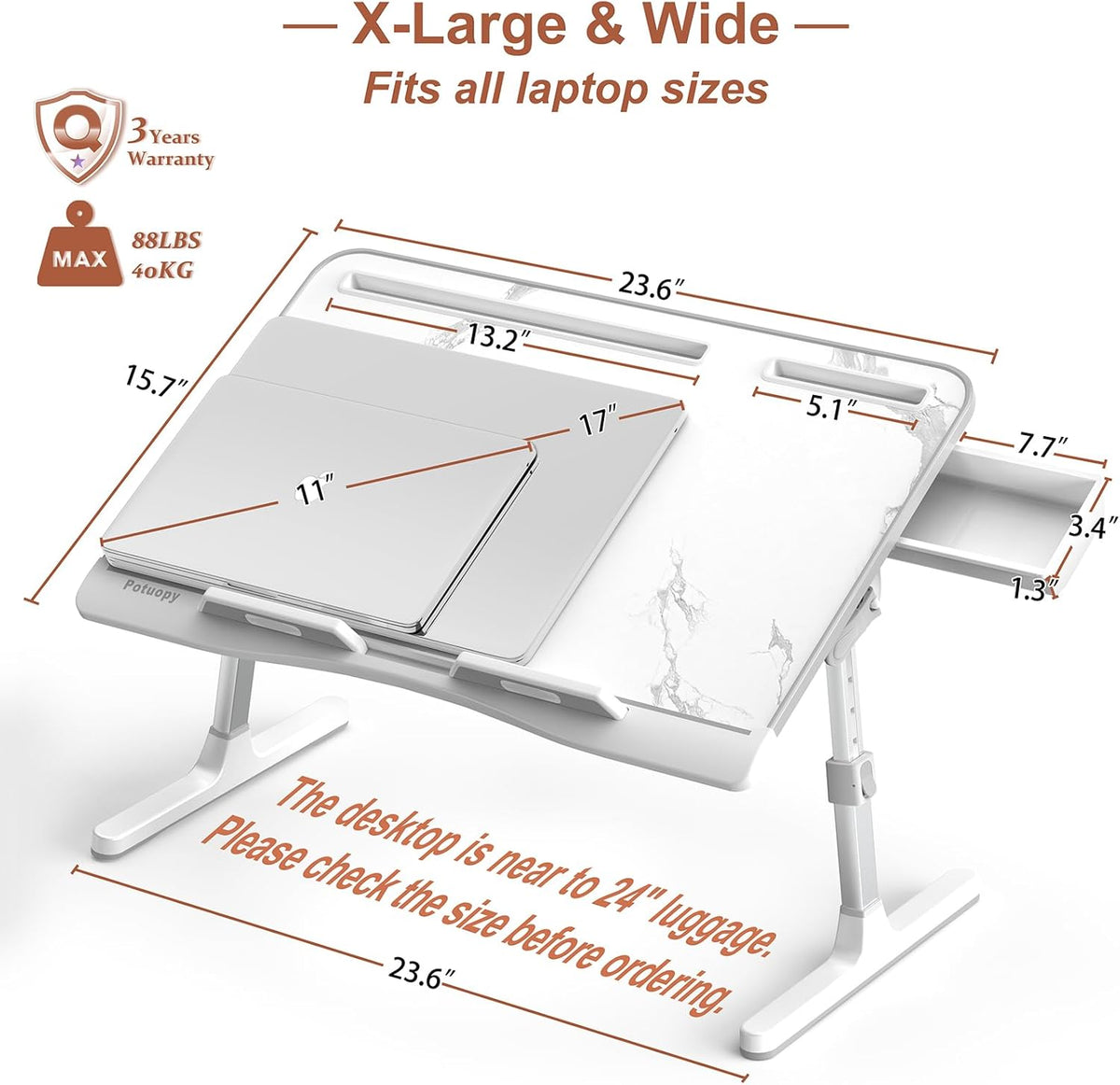 X-Large Marble and Grey Adjustable Folding Lap Desk Tray with Drawer L16922