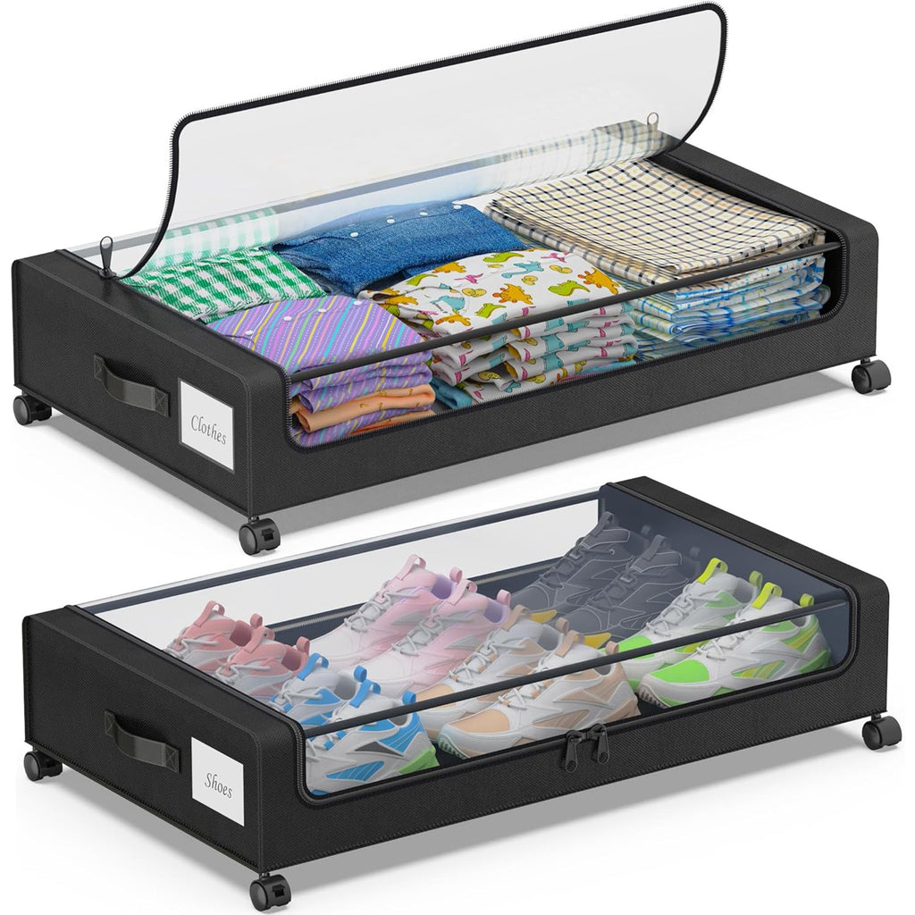 2-Pack Black Under Bed Storage Bins with Wheels and Clear Lids X8466