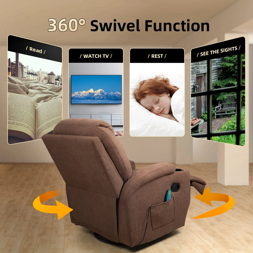 Brown Fabric Swivel Rocker Recliner with Massage and Heat X800