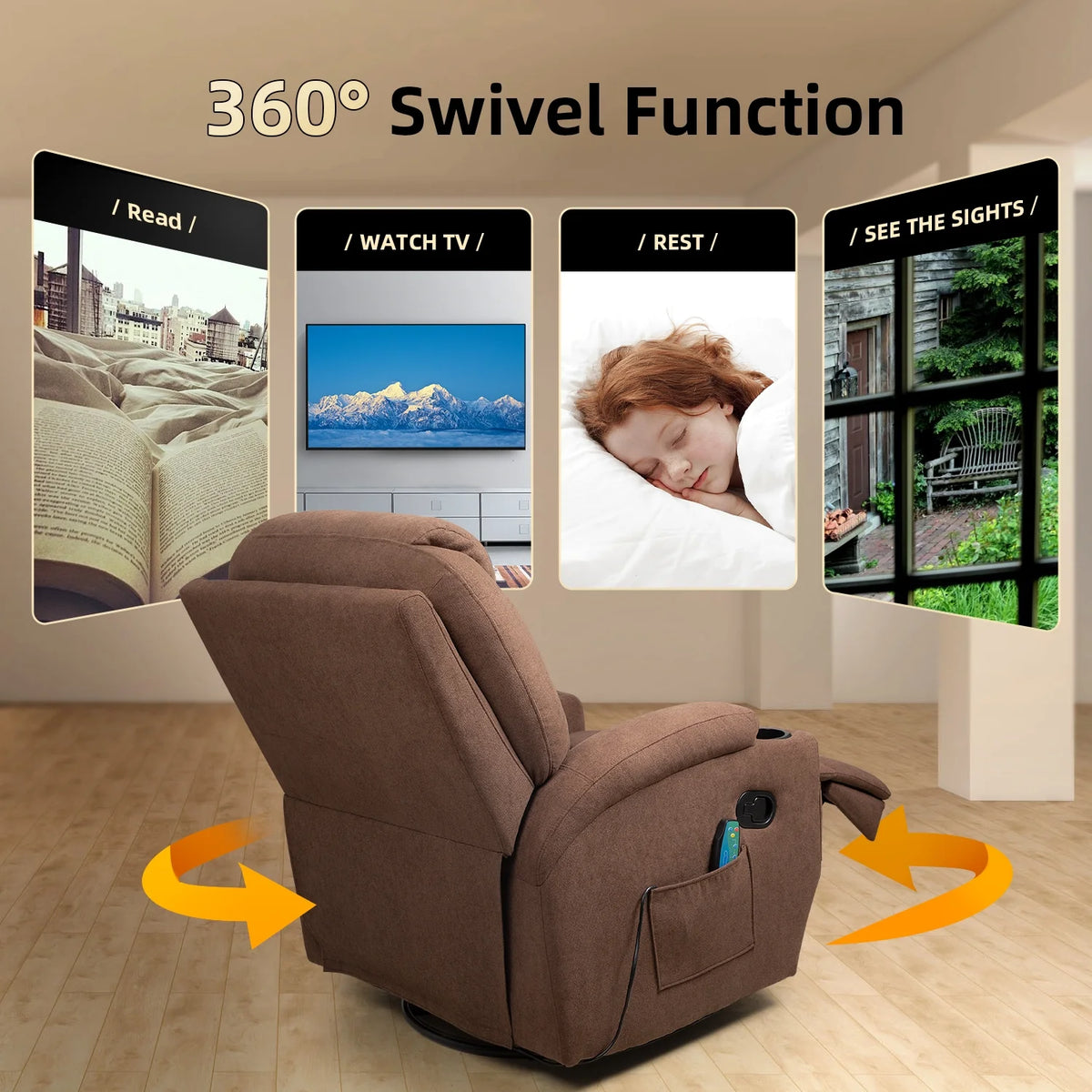 Brown Fabric Swivel Rocker Recliner with Massage and Heat X800