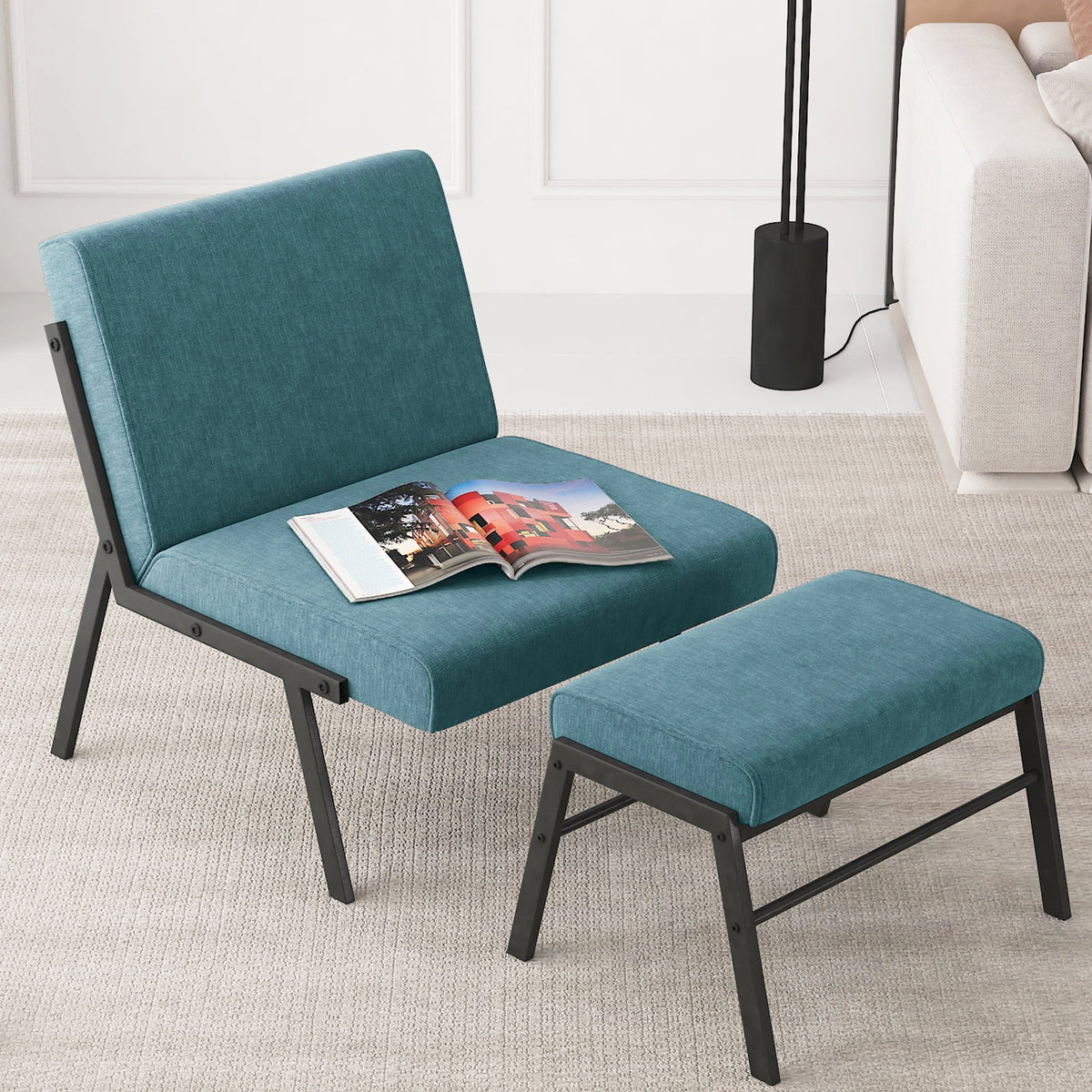 Green Linen Fabric Accent Chair with Ottoman Set V2843
