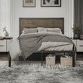 Queen Size Brown Metal Platform Bed Frame with Wooden Headboard M7191