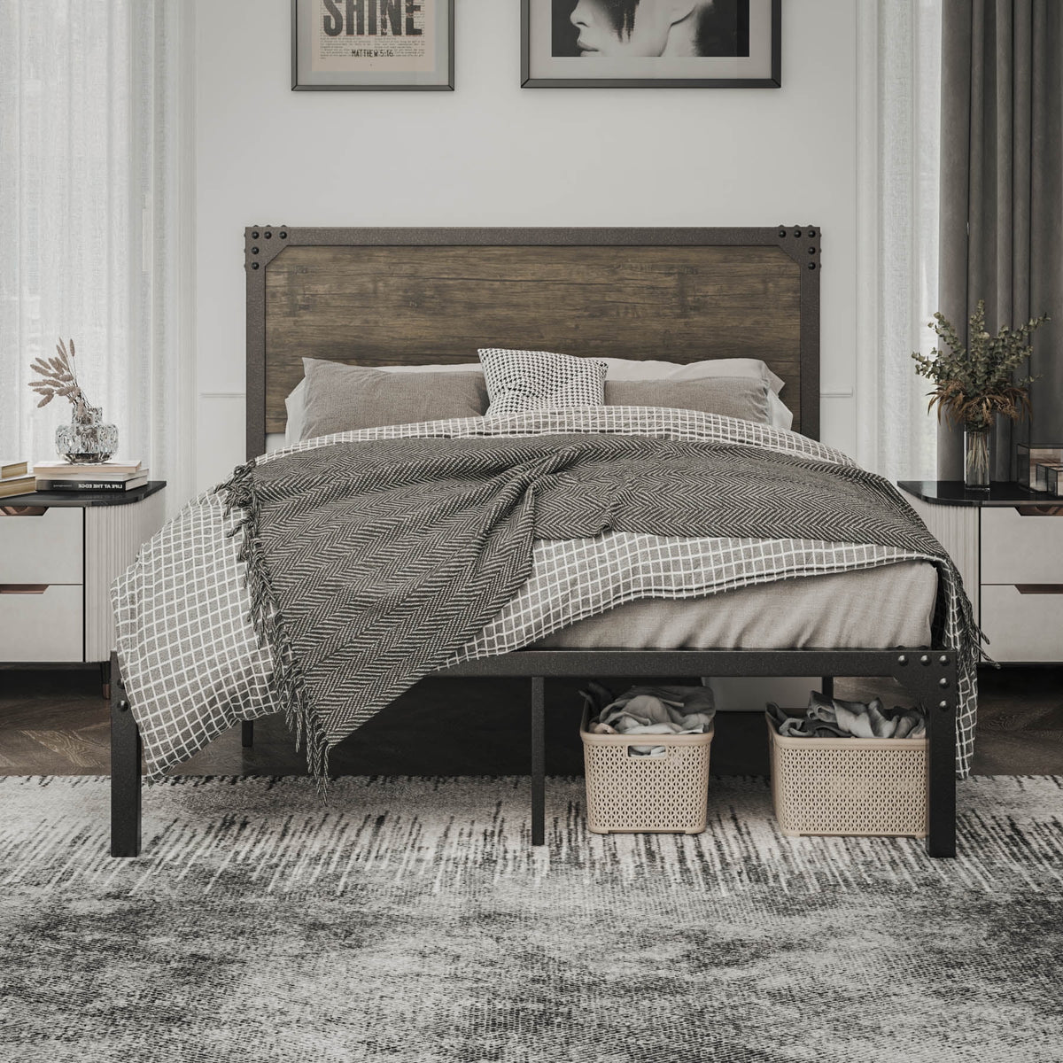 Queen Size Brown Metal Platform Bed Frame with Wooden Headboard M7191