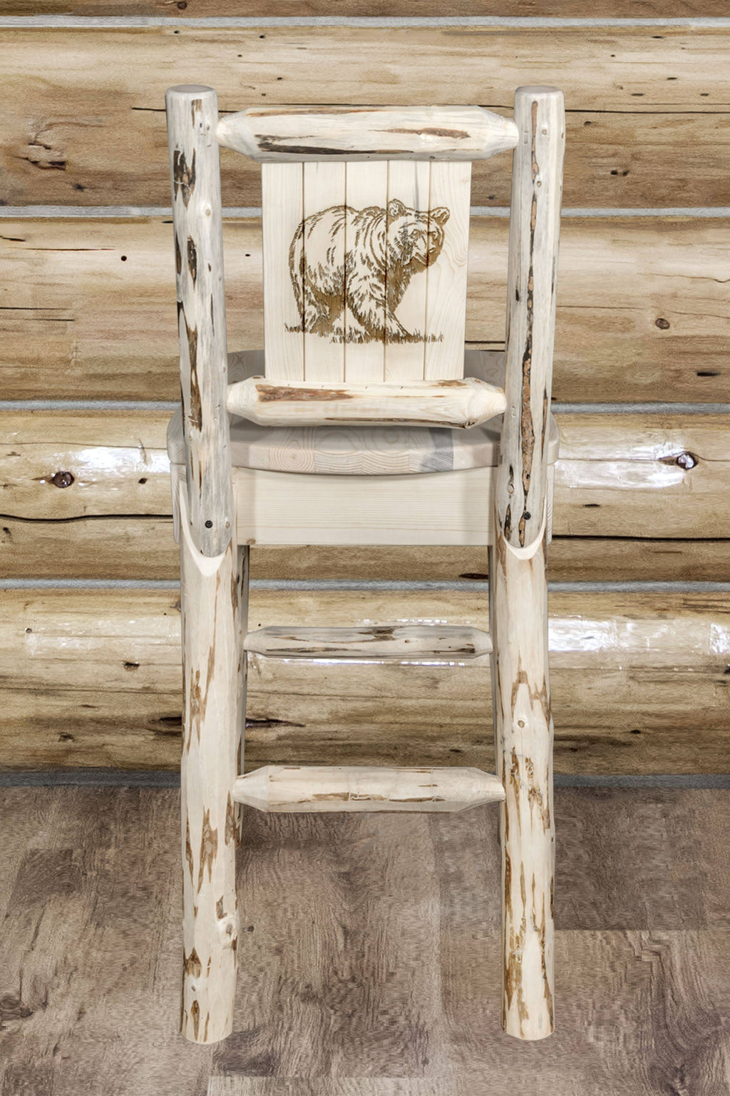 Clear Lacquer Counter Height Barstool with Laser Engraved Bear Design C9917
