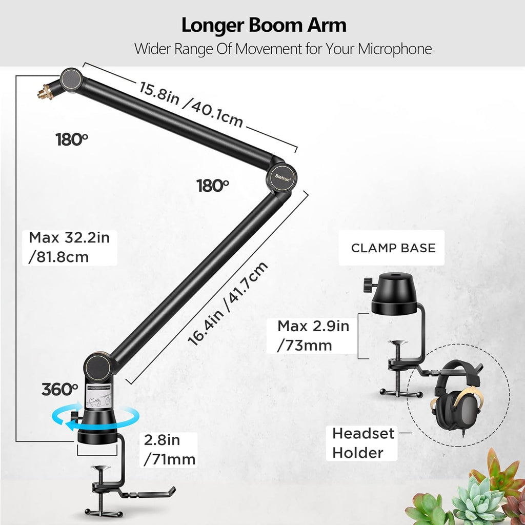 Mic Boom Arm with 3/8 to 5/8 Adapter, Heavy Duty Metal Desk Mount Stand with Hidden Cable Design Q661