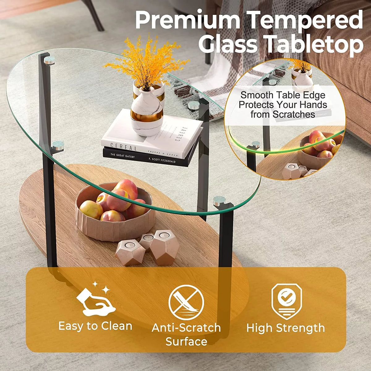 Oval 2 Tier Glass Coffee Table with Wooden Shelf V263