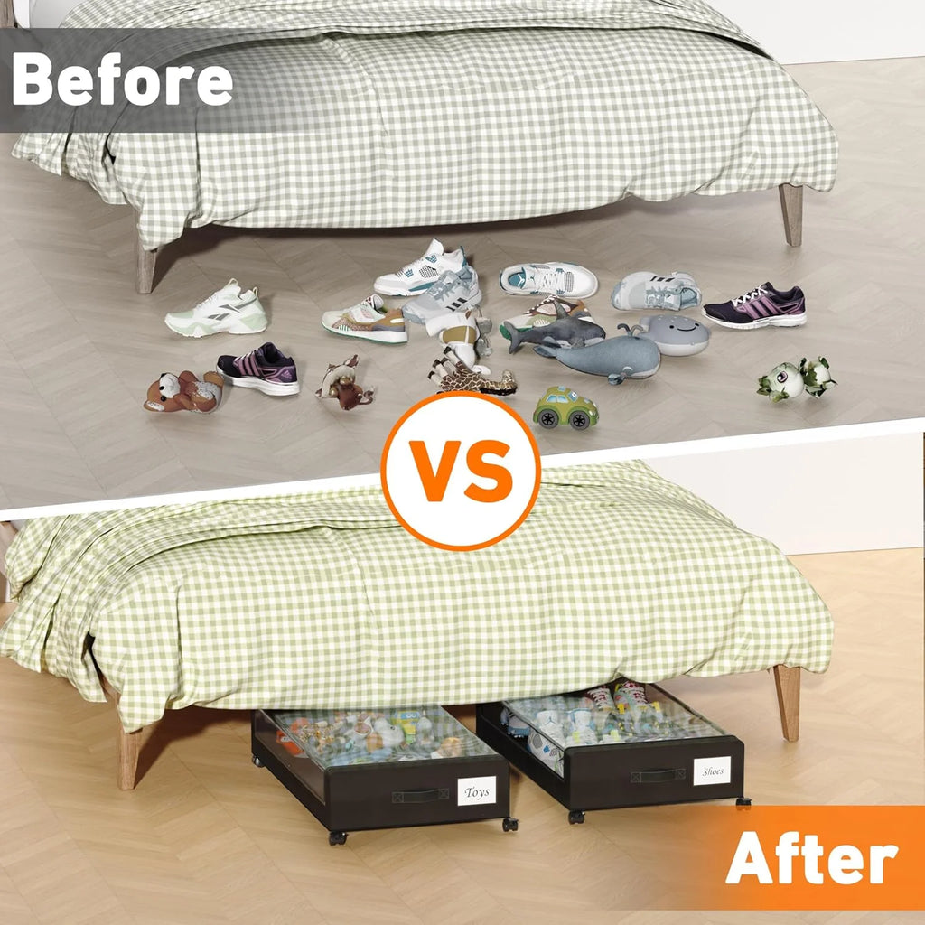 2-Pack Black Under Bed Storage Bins with Wheels and Clear Lids X8466