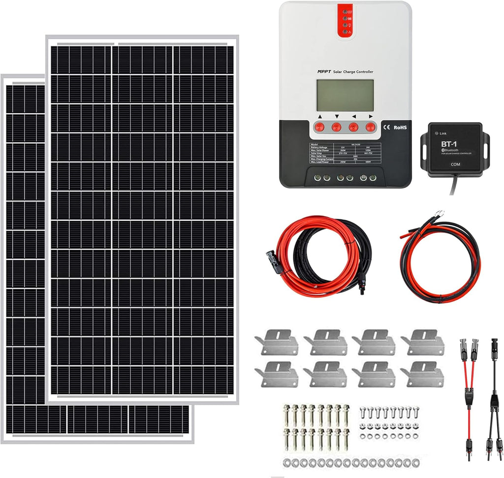 200W 12V Solar Power Kit with 200W Mono Rigid Solar Panels and 20A MPPT Solar Charge Controller W8376