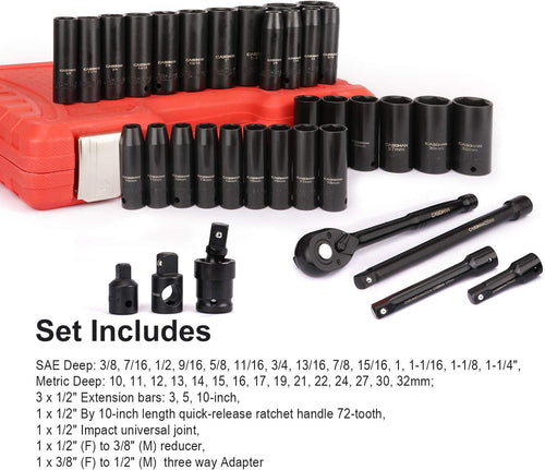 1/2 Drive 36 Piece Deep Impact Socket Set CR-V Steel B4368