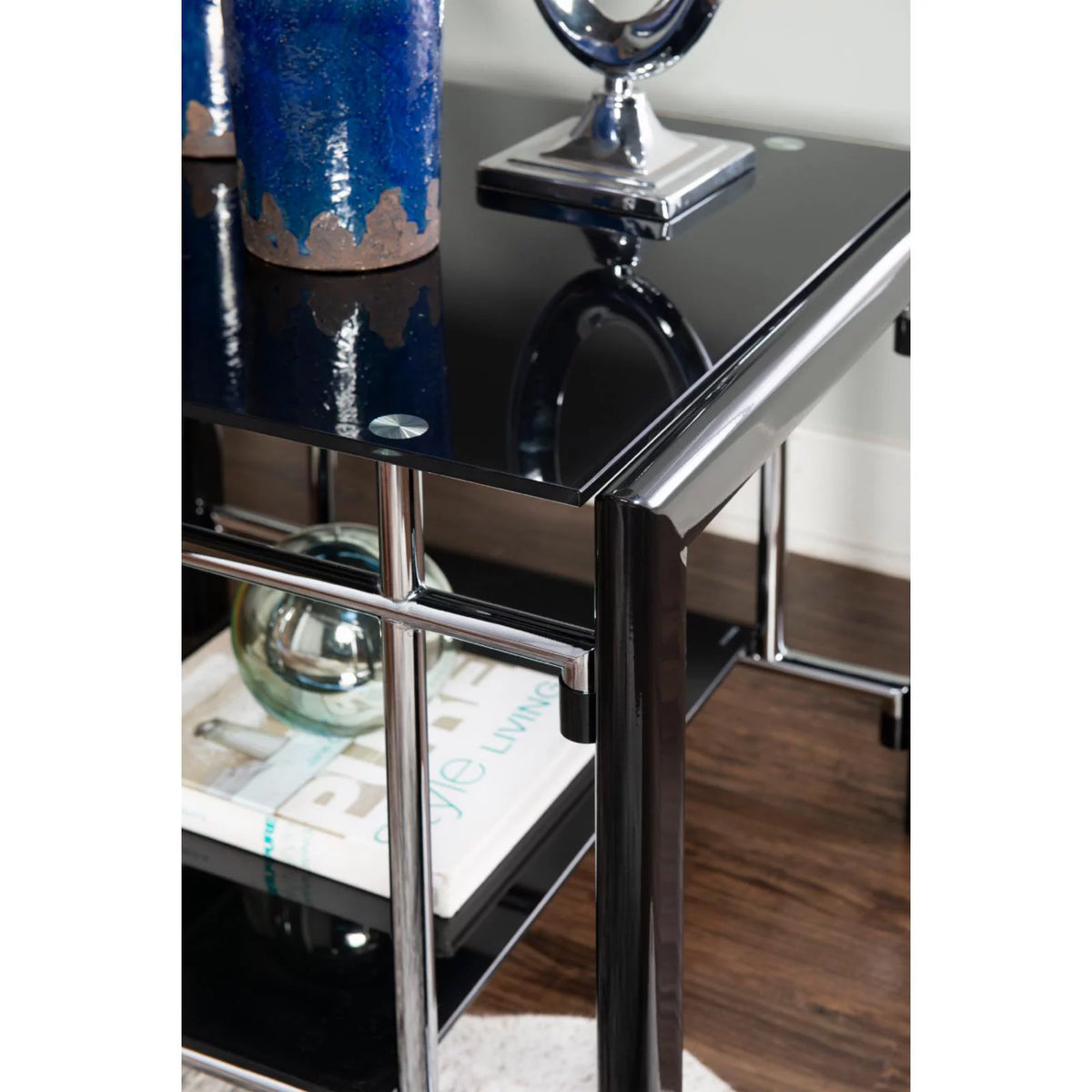 Black Glass and Metal End Table Set, 2 Pieces J404