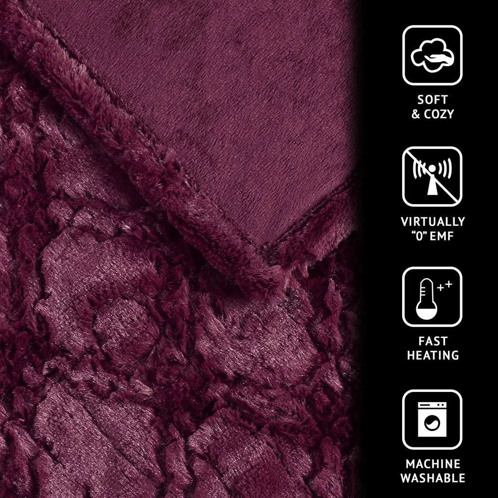 Burgundy Oversized Faux Fur Heated Blanket W80350