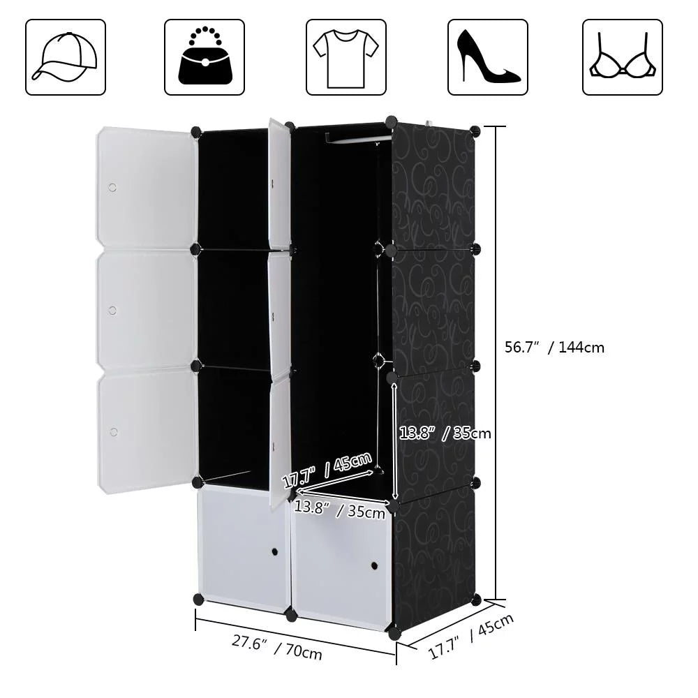 Portable Wardrobe Closet, 8-Cube Clothes Storage Organizer with Door & Hanging Rod, Black V461