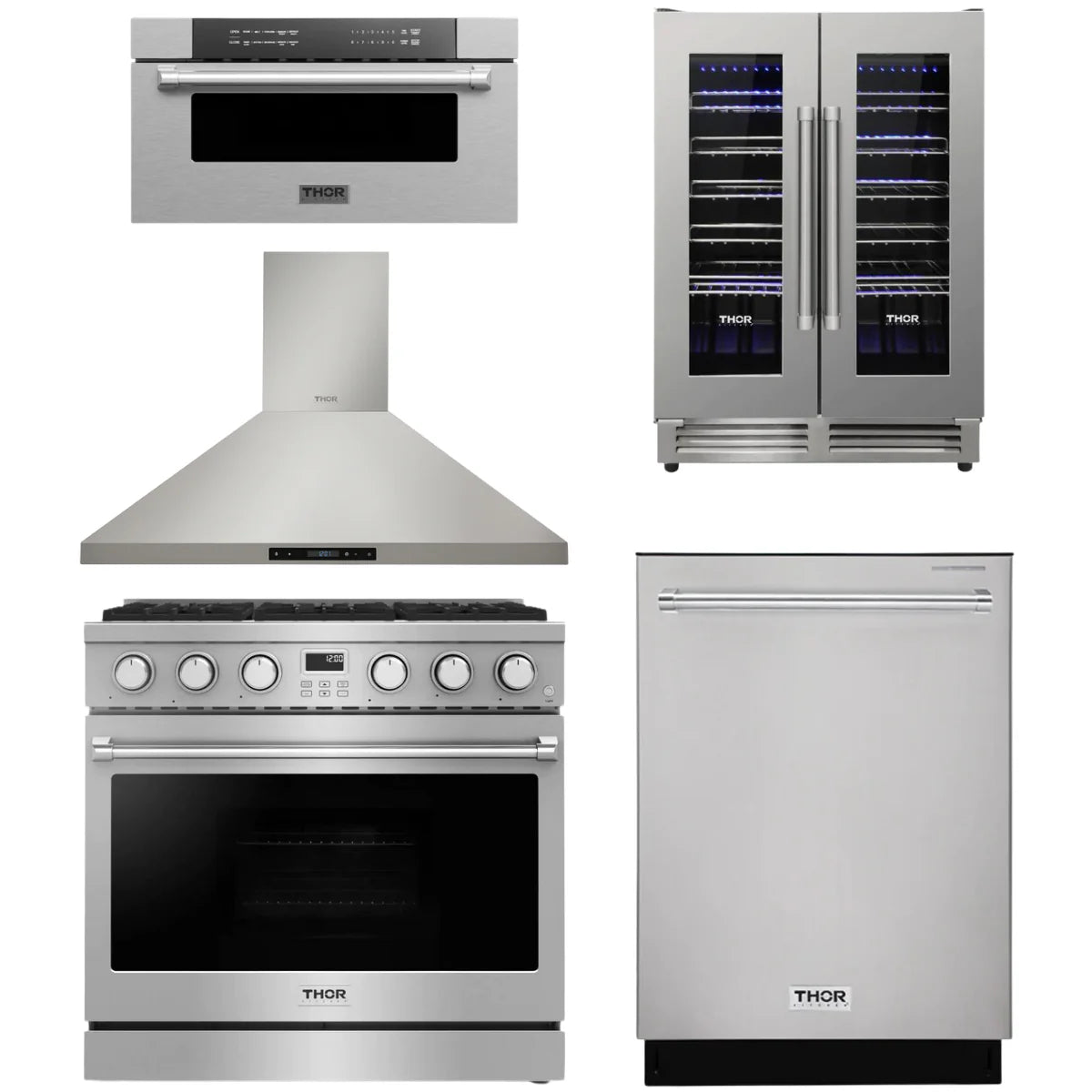 36 Gas Range, Range Hood, Dishwasher, Microwave and Wine Cooler F820574