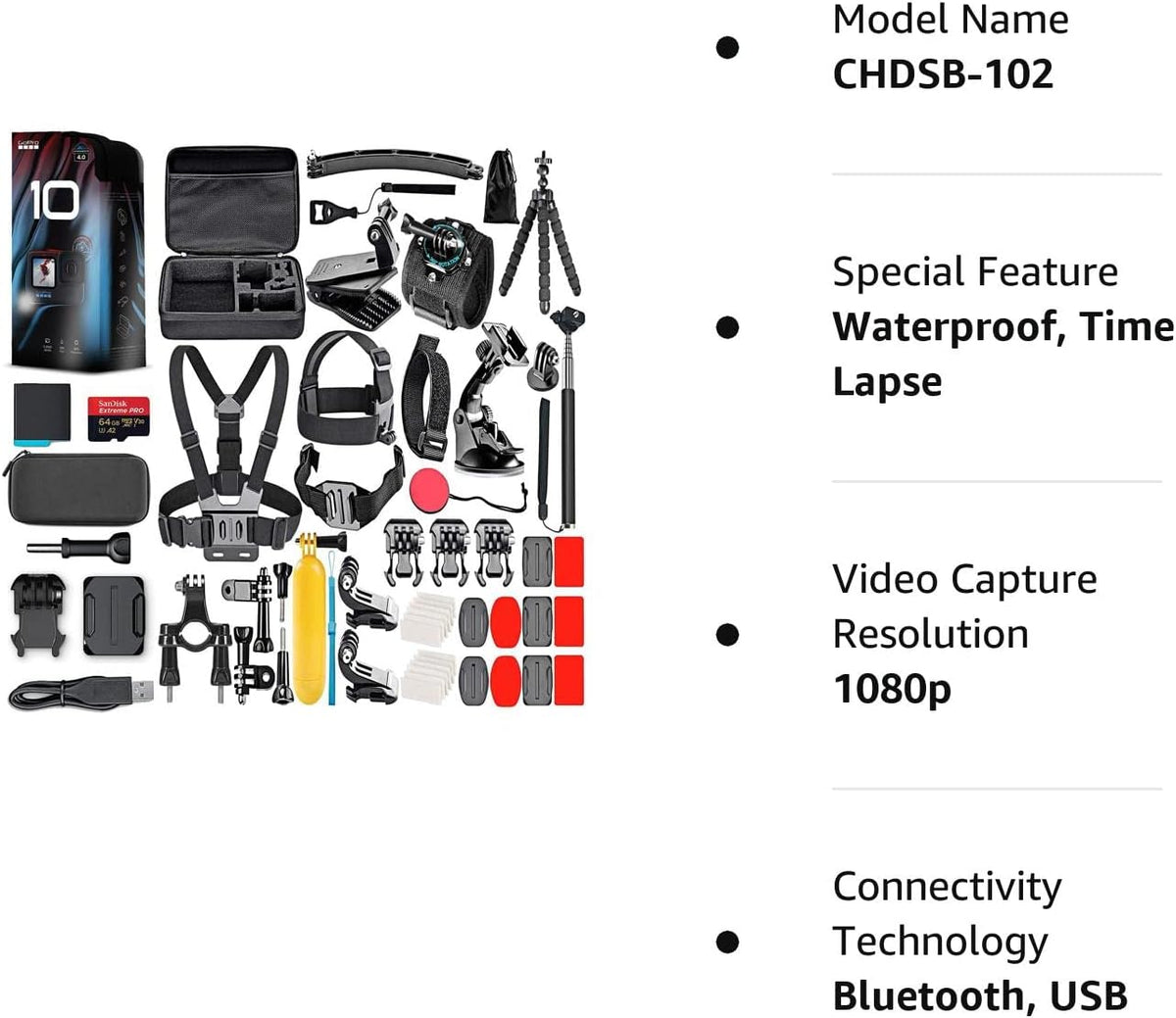 Waterproof Action Camera with Front LCD and Touch Rear Screens, 5K HD Video, 23MP Photos, 64GB Card and 50 Piece Accessory Kit V6725