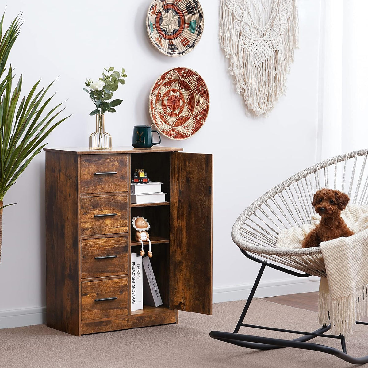 Rustic Brown Bathroom Storage Cabinet with 4 Drawers and Adjustable Shelf T83647