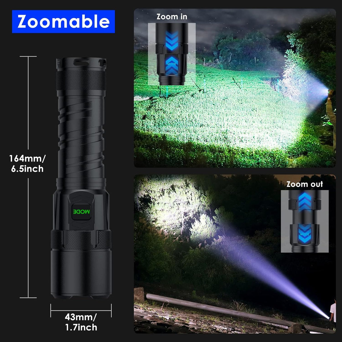 Rechargeable LED Flashlight 100000 High Lumens 5 Modes Zoomable IPX6 Waterproof D908