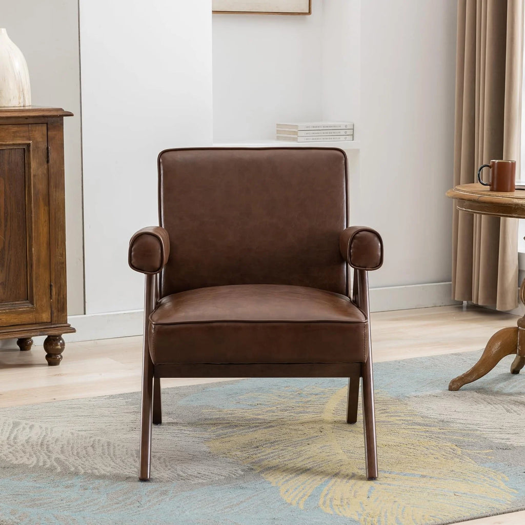 Brown PU Leather Accent Chair with Wood Armrest G1599