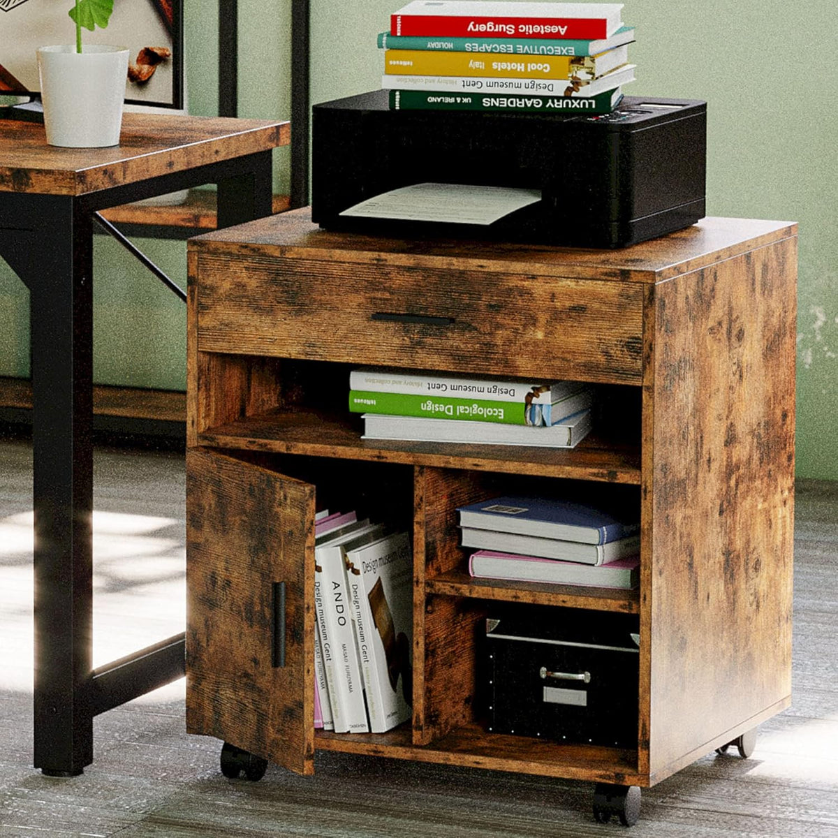 Large Mobile File Cabinet with Wheels, Drawer Door and Shelf J552367