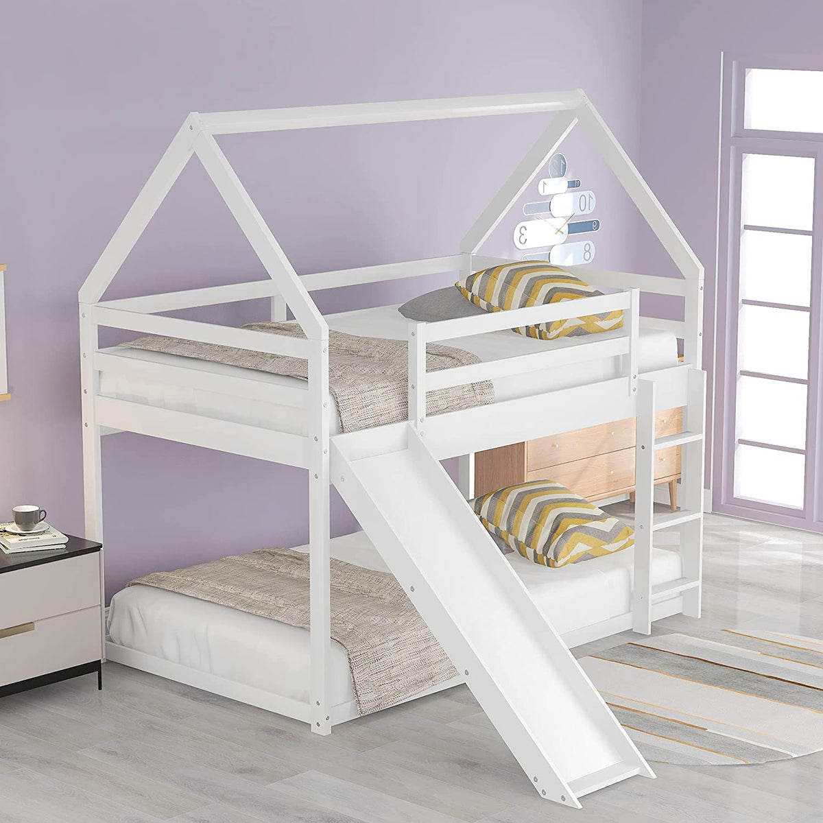 White Wood Buk Bed With Slide D365033