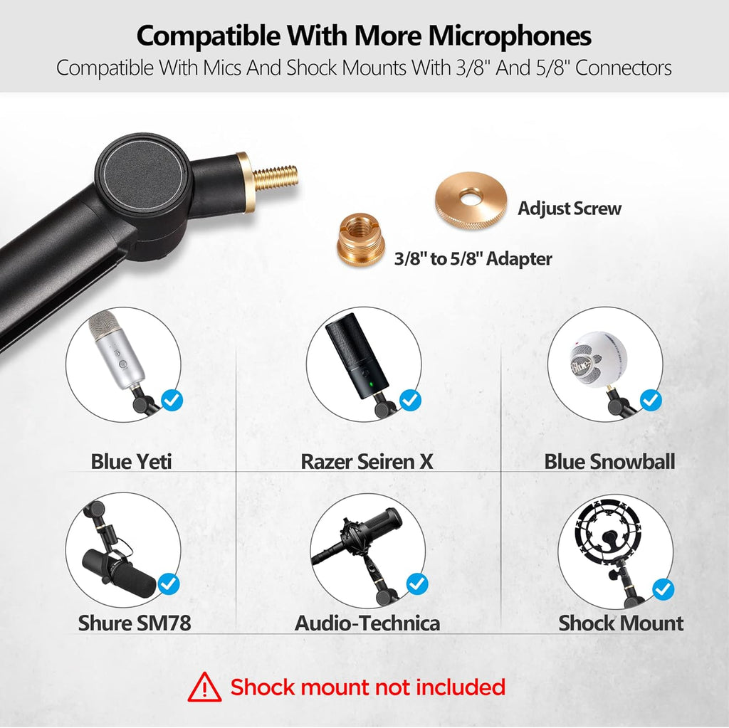 Mic Boom Arm with 3/8 to 5/8 Adapter, Heavy Duty Metal Desk Mount Stand with Hidden Cable Design Q661
